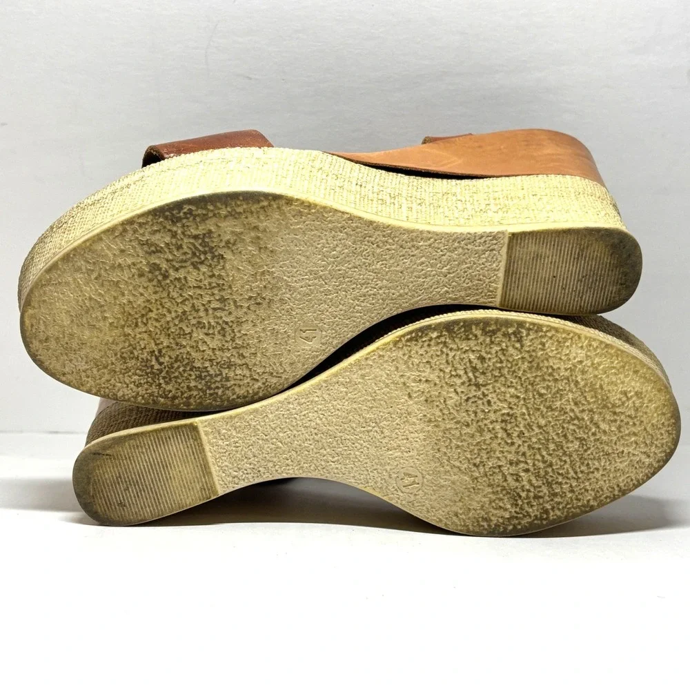 220V Platform Wedge‎ Sandals Womens 41 Brown Leather Made in Italy Boho Retro